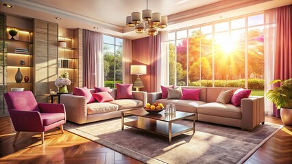 Fototapeta premium Elegant Pink Living Room: Modern Decor & Warm Sunlight Stock Photo