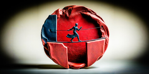 A maroon sculpture displays a person on a tightrope in motion, with arms outstretched for balance. The silhouette lacks facial details and contrasts.