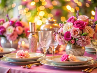 Naklejka premium Elegant Pink Table Setting: Romantic Floral Dinner Party Macro Photography
