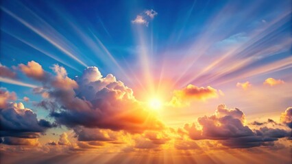 Fototapeta premium Soft pink clouds float across a bright blue sky with warm golden sun rays peeking through