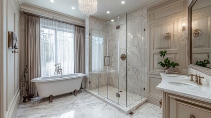 A large bathroom with a white bathtub and a glass shower stall