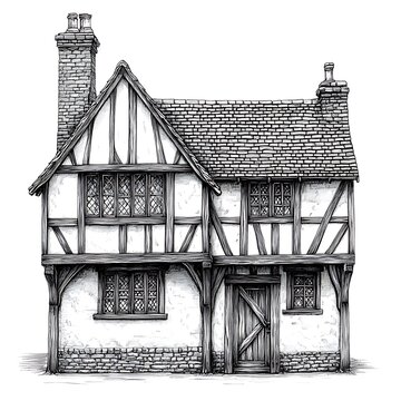 Black and white ink illustration of a charming medieval half-timbered cottage.