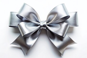 Naklejka premium Elegant Silver Ribbon Bow on White Background - Perfect for Gift Wrapping, Holiday Decorations, and Festive Designs