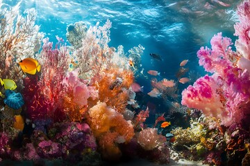 Naklejka premium Sunlight illuminating a vibrant coral reef teeming with colorful fish