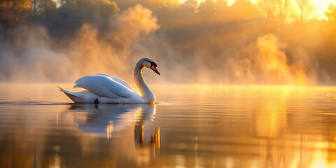 Fototapeta premium Art Swan floating on serene water at morning sunrise with warm golden light and soft mist, tranquility, reflection