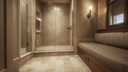 A bathroom with a bench and a shower