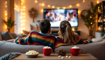 Fototapeta premium Couple Relaxing on Cozy Sofa Watching Television at Home