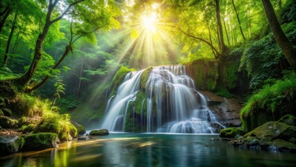 Naklejka premium waterfall in forest with lush greenery and sunlight filtering through leaves, forest waterfalls, outdoor photography