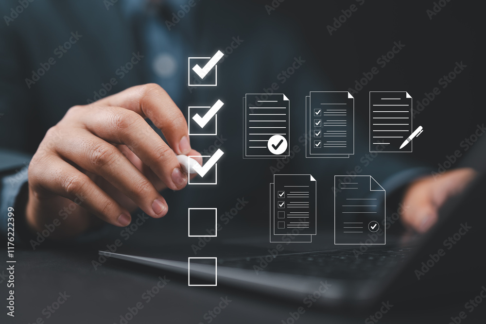 Aufkleber Digital form checklist, Online survey concept. Man interacts with digital form checklist on laptop with process of filling out online survey and completing digital forms with checkbox and document.