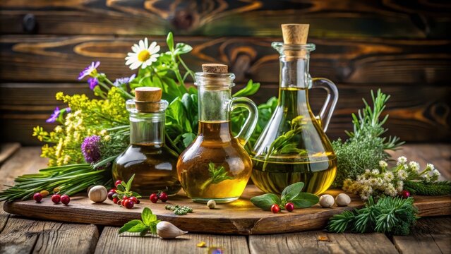 A vintage-style olive oil and vinegar bottle set on a wooden table, surrounded by fresh herbs and edible flowers , antique bottles , kitchen decor