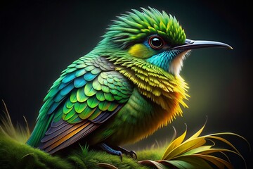 Fototapeta premium Emerald Bird on Black Canvas: Stunning Aerial Generative AI Art