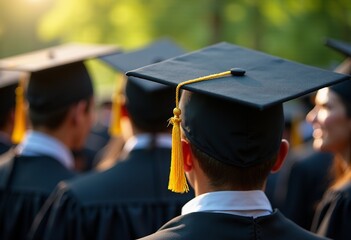 Celebrate Academic Achievement: Stunning Black Graduation Caps with Golden Tassels Against a Blurred Nature Background, Perfect for University Commencement Ceremonies