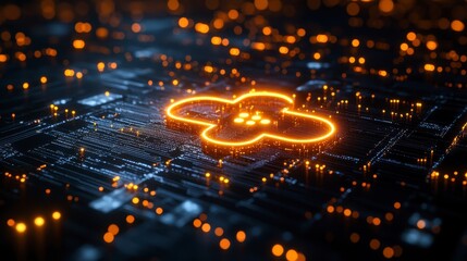 Glowing cloud computing symbol on a circuit board.