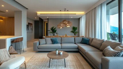 Fototapeta premium A living room with a large grey couch and a coffee table