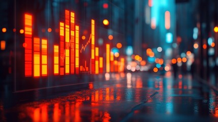 Fototapeta premium A city street reflecting vibrant data visualizations, symbolizing technology and business analytics.