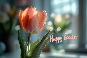 Soft-focus photography of an orange tulip with the text "Happy Easter" on a white background, with blurry details, a dreamy and prismatic image, chromatic aberration