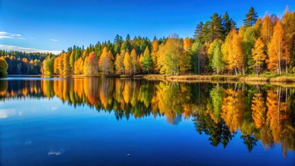 Fototapeta premium Autumn hues over rural Finnish forest, with a serene blue lake reflecting the colors of changing leaves and surrounding trees, against a clear blue sky , landscape, blue