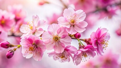 Fototapeta premium Extreme Close-up of Delicate Magenta-Pink Cherry Blossoms, Single Stem, Pure White Background - Spring Floral Macro Photography