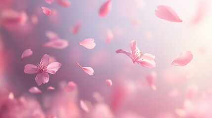Soft Pink Cherry Blossom Petals Falling Gracefully Against a Light Background, Capturing the Beauty and Serenity of Springtime in Nature's Splendor