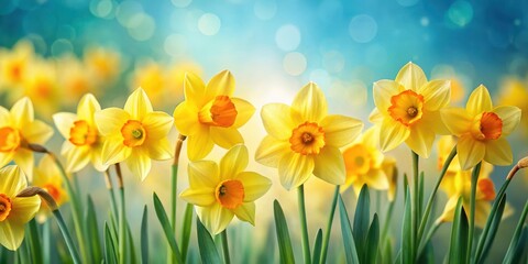 Fototapeta premium Daffodils swaying gently in the breeze , yellow, petals, yellow, petals, landscape, blooms, fields, background, flowers