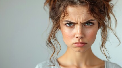 Naklejka premium Portrait of a Young Woman with an Upset Facial Expression, Eyes Wide Open, Gray Background