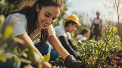 A woman is planting flowers in a garden with other people