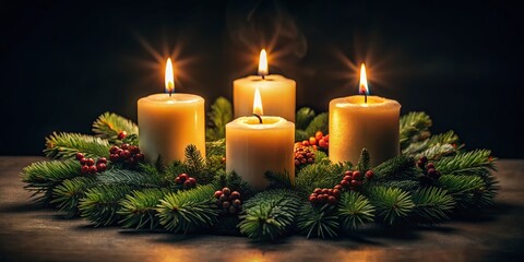 Festive Minimalist Wreath with Four Lit Candles - Cozy Winter Holiday Still Life