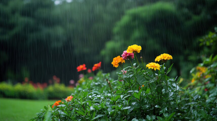 vibrant flower garden thriving in rain, showcasing colorful blooms and lush greenery. scene evokes refreshing and lively atmosphere