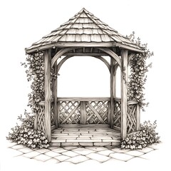 Fototapeta premium A Detailed Pen-and-Ink Illustration of a Wooden Garden Gazebo with Climbing Vines.