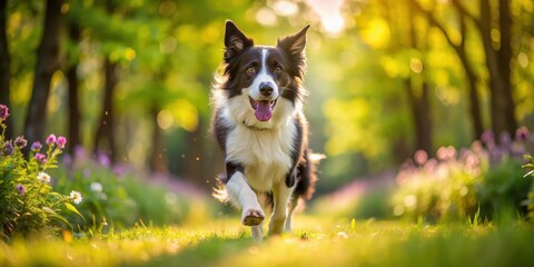 Active border collie dog running freely in a green park with trees and flowers surrounding it, dog, energy,  dog
