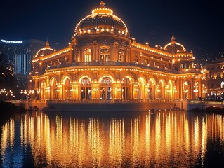 Fototapeta premium A beautifully illuminated building at night, reflecting in a calm body of water.