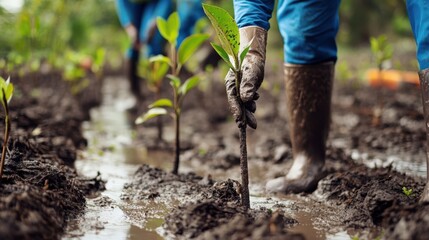 Fototapeta premium A person is planting a tree in a muddy field