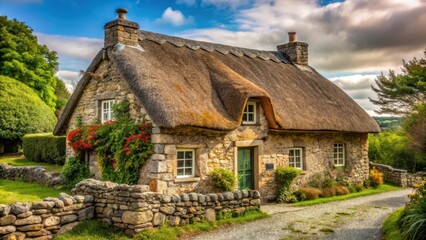Fototapeta premium Cozy traditional cottage with stone walls and a thatched roof in the countryside, countryside