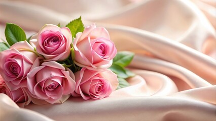 Obraz premium Elegant pink rose bouquet on soft silk fabric