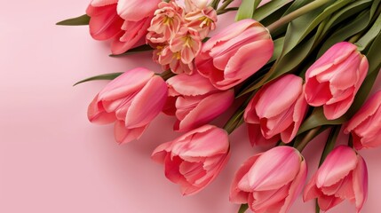 Obraz premium Exquisite Spring Flower Arrangement: A Pink Tulip Bouquet with a Pastel Pink Background for Festive Occasions