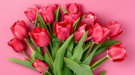Obraz premium Exquisite Spring Flower Arrangement: A Pink Tulip Bouquet with a Pastel Pink Background for Festive Occasions