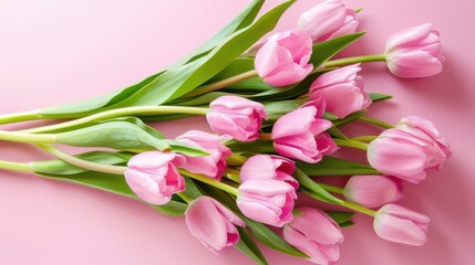 Fototapeta premium Exquisite Spring Flower Arrangement: A Pink Tulip Bouquet with a Pastel Pink Background for Festive Occasions