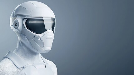 A futuristic humanoid robot with a sleek design, wearing a visor and mask, stands against a minimalist backdrop.