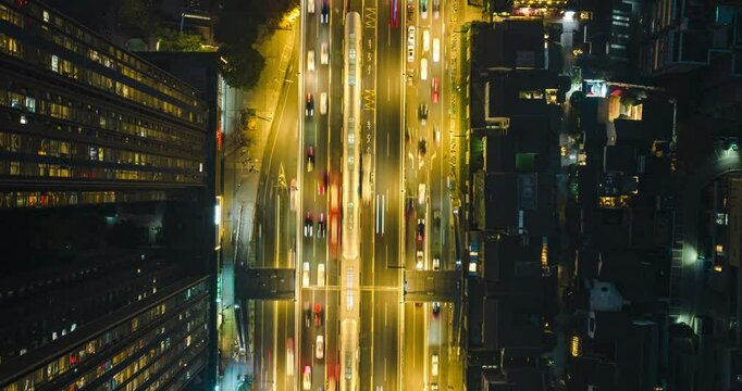 aerial hyperlapse of busy traffic on the road at Chengdu Sichuan China at twilight
