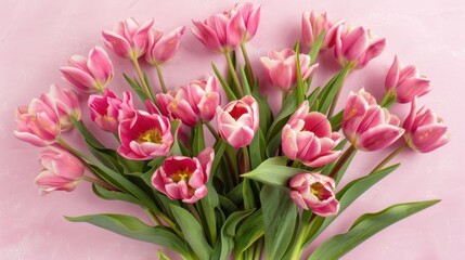 Obraz premium Exquisite Spring Flower Arrangement: A Pink Tulip Bouquet with a Pastel Pink Background for Festive Occasions