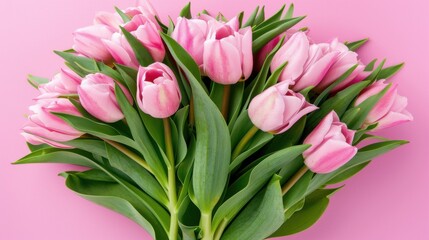 Obraz premium Exquisite Spring Flower Arrangement: A Pink Tulip Bouquet with a Pastel Pink Background for Festive Occasions
