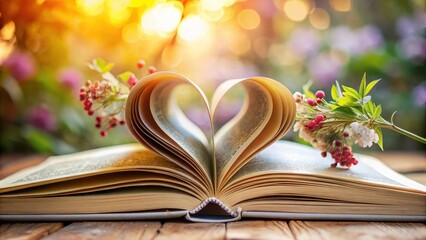 Unusual, heart-shaped book pages with a natural or artistic background, perhaps with flowers
