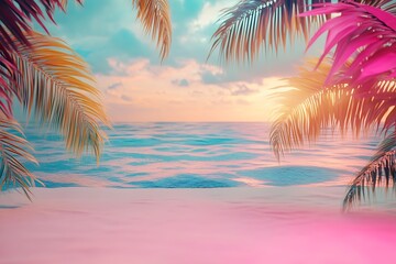 Fototapeta na wymiar Pink and yellow palm leaves framing a tropical beach with turquoise water and pink sand at sunset