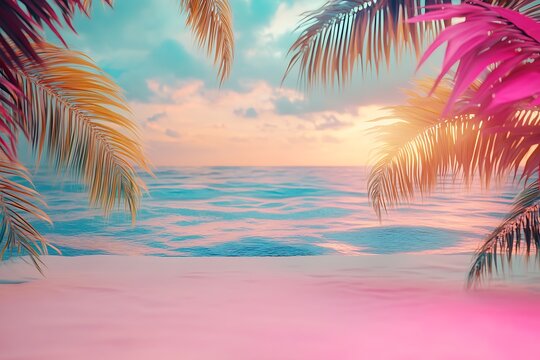 Pink and yellow palm leaves framing a tropical beach with turquoise water and pink sand at sunset