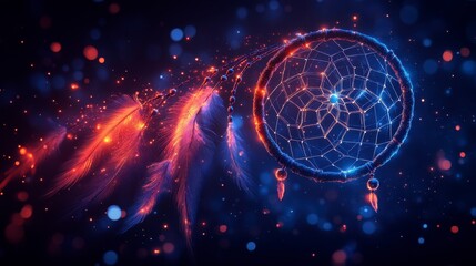 Glowing dreamcatcher with feathers, bokeh background.