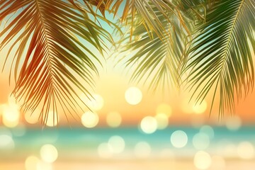 Blurred sunset on tropical beach with bokeh effect and palm trees leaves