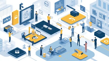Modern Office Scene Illustrating Team Collaboration and Technology Integration in a Digital Workspace Filled with Graphic Elements and Business Activities