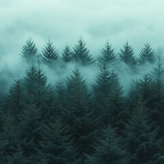 Obraz premium A misty forest scene with evergreen trees shrouded in fog, creating a serene and atmospheric landscape.