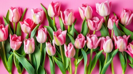 Obraz premium Exquisite Spring Flower Arrangement: A Pink Tulip Bouquet with a Pastel Pink Background for Festive Occasions