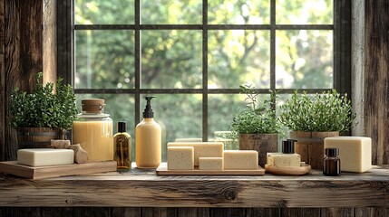 Natural bath products displayed on wooden windowsill.